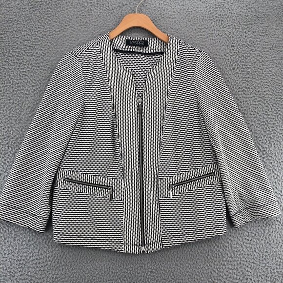 Kasper Jacket Womens 6 Black White Striped Zip Pockets 3/4 Sleeve Stretch Knit - Picture 1 of 11